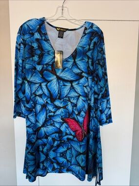 Valentina Blue Butterfly-Print V-Neck Tunic with Pink Accent Butterfly